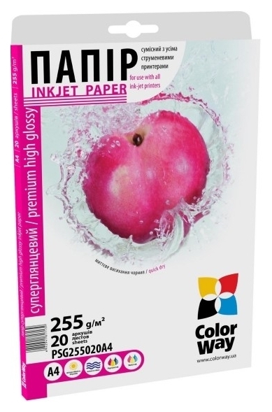 Бумага ColorWay A4 (PSG255020A4) 255 г/м2, 20 листов, супер-глянец, водостойкий, картонная упаковка в Киеве