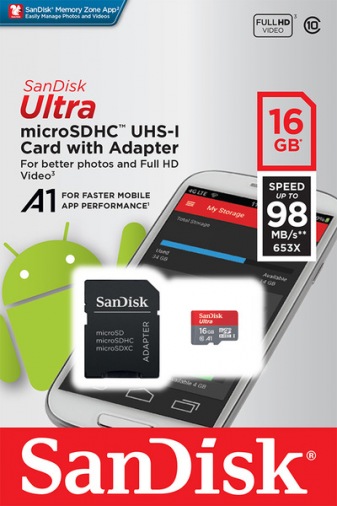 Карта памяти SANDISK MICROSDHC 16GB ULTRA A1 C10 UHS-I 98MB/S+SD Карта памяти SANDISK MICROSDHC 16GB ULTRA A1 C10 UHS-I 98MB/S+SD