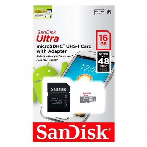 Карта памяти SanDisk 16GB microSDHC C10 UHS-I R80MB/s Ultra + SD Карта памяти SanDisk 16GB microSDHC C10 UHS-I R80MB/s Ultra + SD