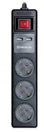 Удлинитель REAL-EL RS-3 USB CHARGE 1.8m, черный в Киеве