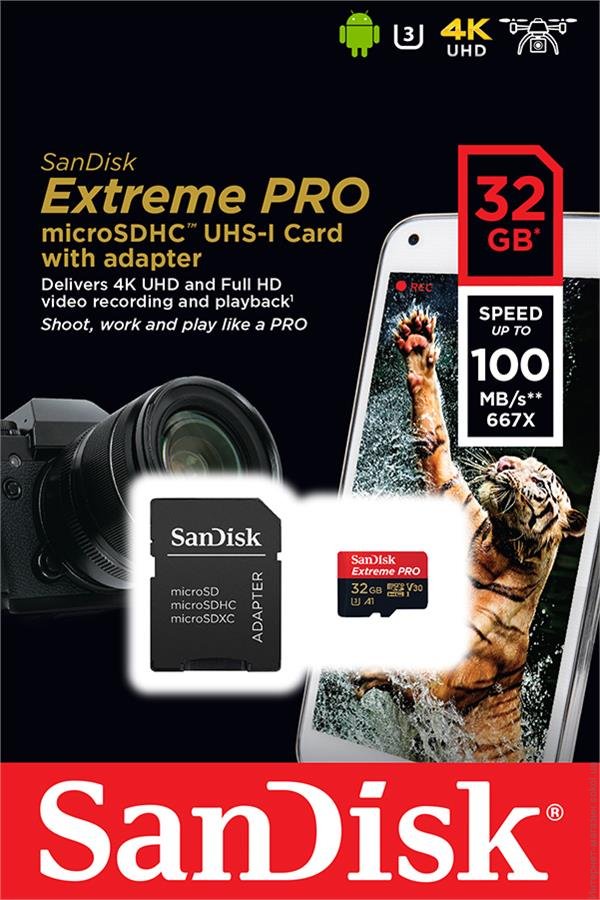 Карта памяти SanDisk 32GB microSDHC V30 A1 UHS-I U3 R100/W90MB/s 4K Extreme Pro + SD (SDSQXCG-032G-G в Киеве