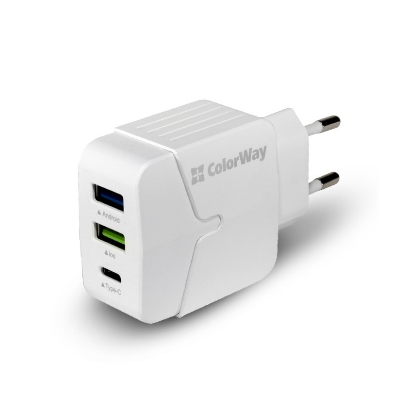 Мережевий зарядний пристрій ColorWay 2 USB + Type-C (USB-C) 3.4 A White в Києві