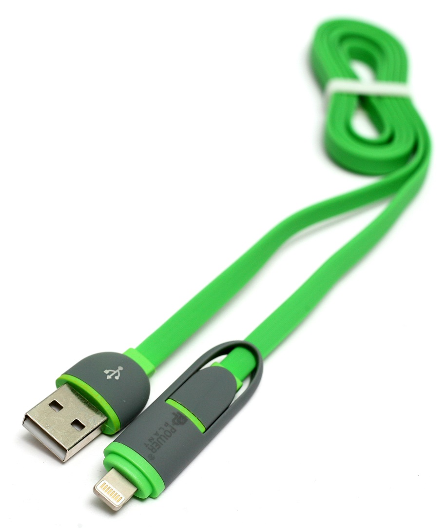 Кабель POWERPLANT Quick Charge 2A 2-в-1 flat USB 2.0 AM – Lightning/Micro 1м green (KD00AS1291) в Києві