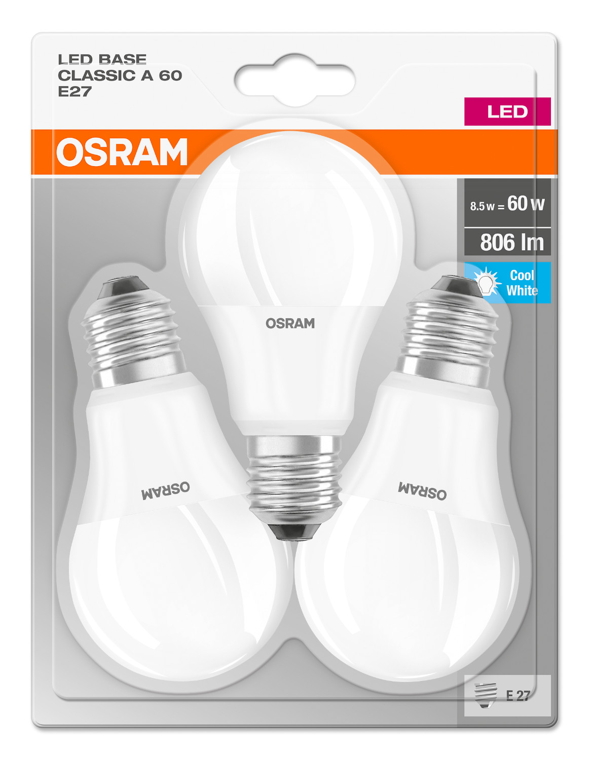 Набор ламп OSRAM BASE A60 8,5W 4000К E27 3 шт. нейтр. в Киеве