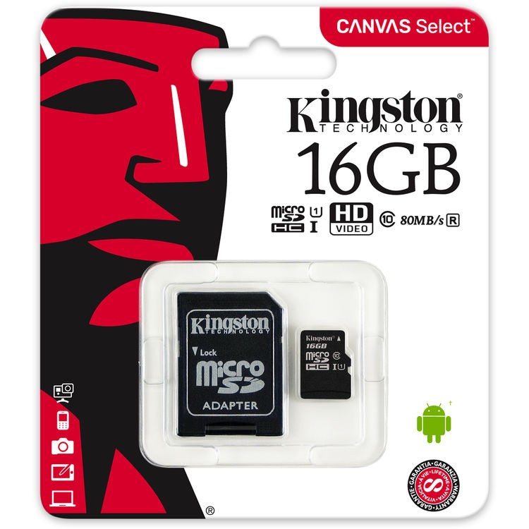 Карта памяти KINGSTON microSDHC 16Gb Canvas Select U1 (R80/W10)+ad в Киеве