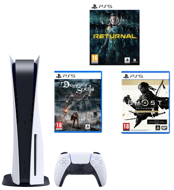 Набор консоль PlayStation 5 + PS5 Demons Souls + PS5 Returnal + Диск PS5 Ghost of Tsushima в Киеве