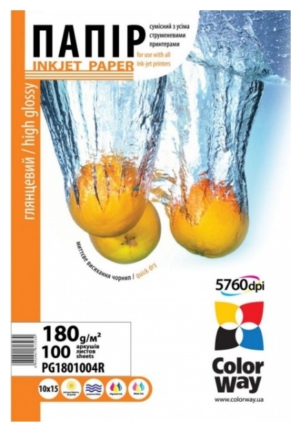 

Бумага ColorWay 10x15 (ПГ180-100) (PG1801004R) 180 г/м2, 100 листов, глянец