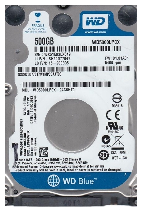 

Жесткий диск 2.5" 500Gb WD Blue WD5000LPCX, 5400RPM, 16MB, SATA3