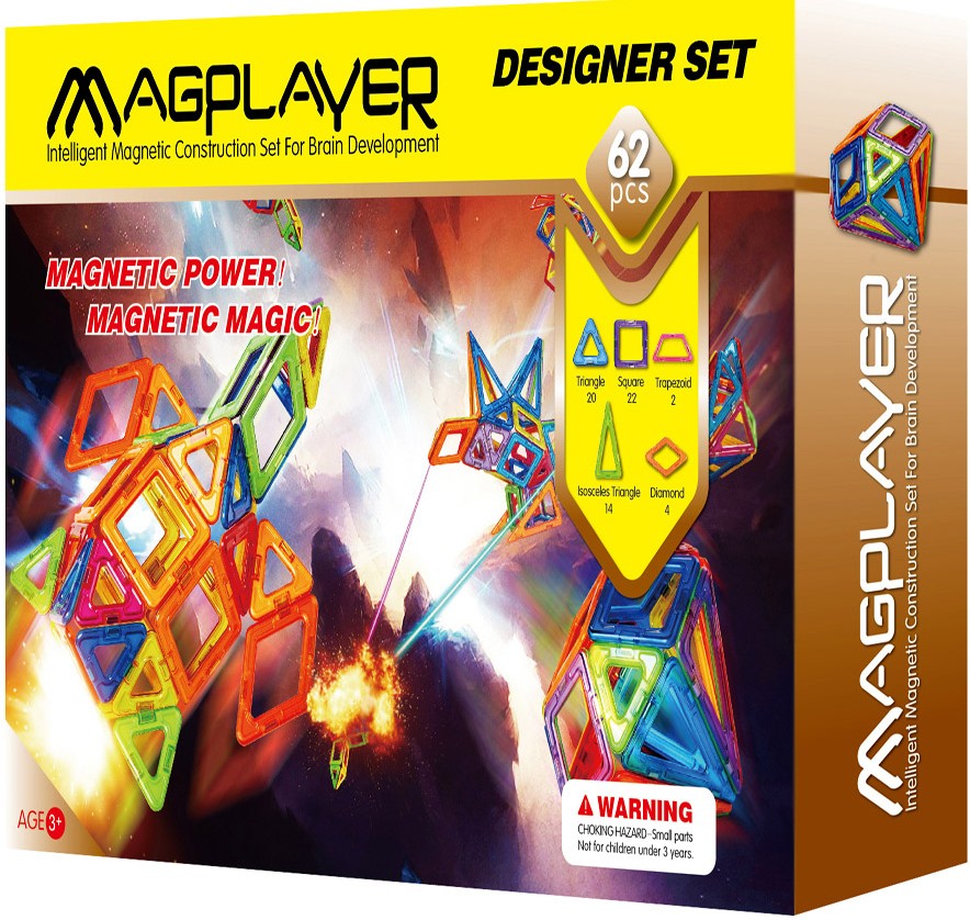 

Конструктор Magplayer магнитный набор 62 эл. MPB-62