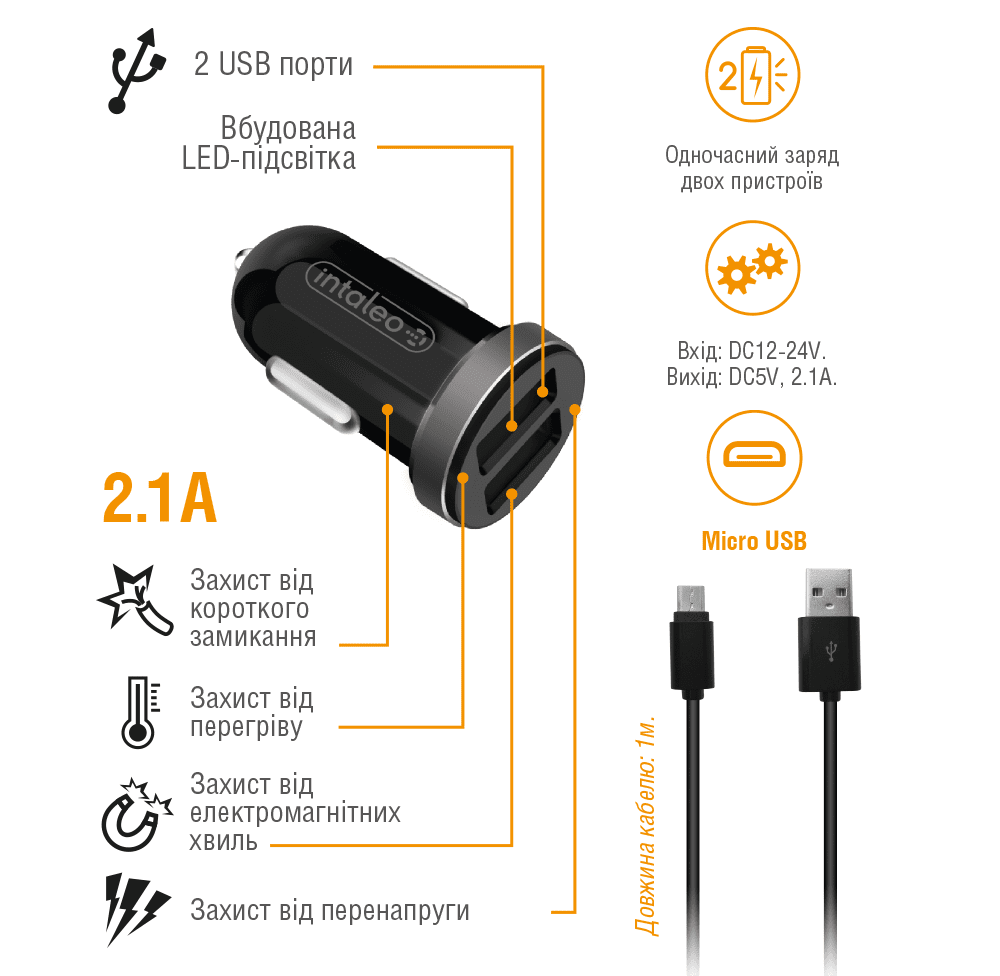 Авто зарядний пристрій Intaleo CCG212 (2USB2A) Black + MicroUSB · 3
