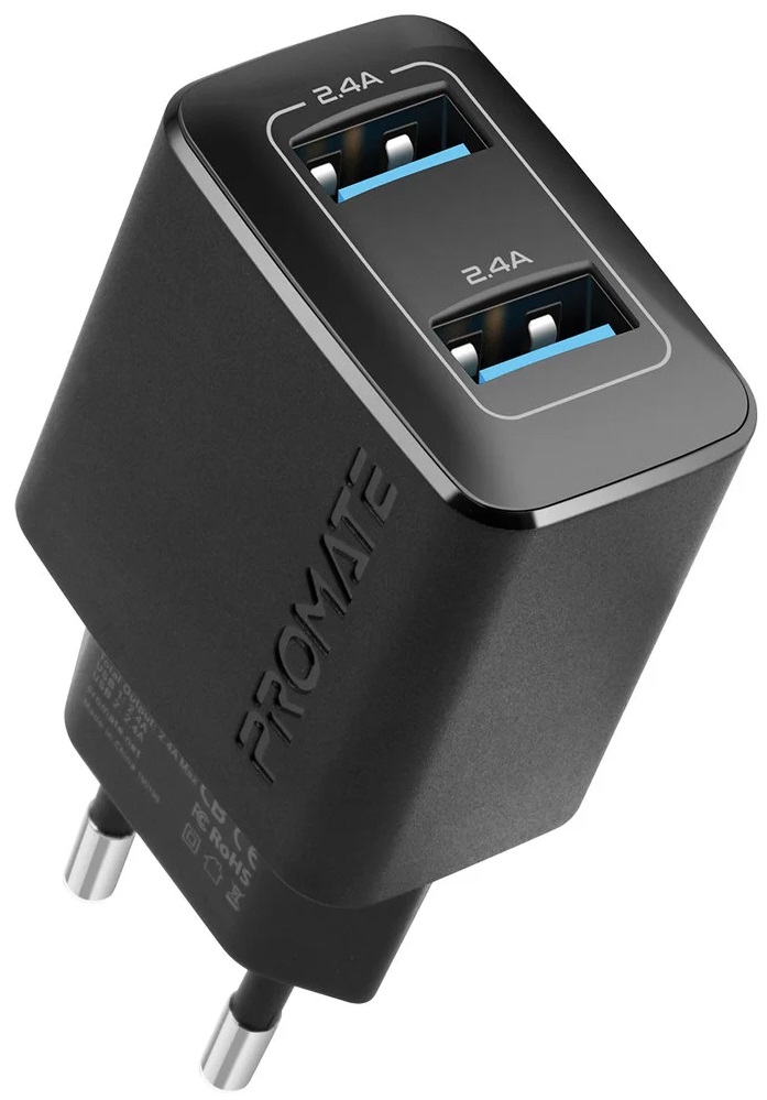 Зарядний пристрій Promate BiPlug 12Вт 2 USB Black в Києві