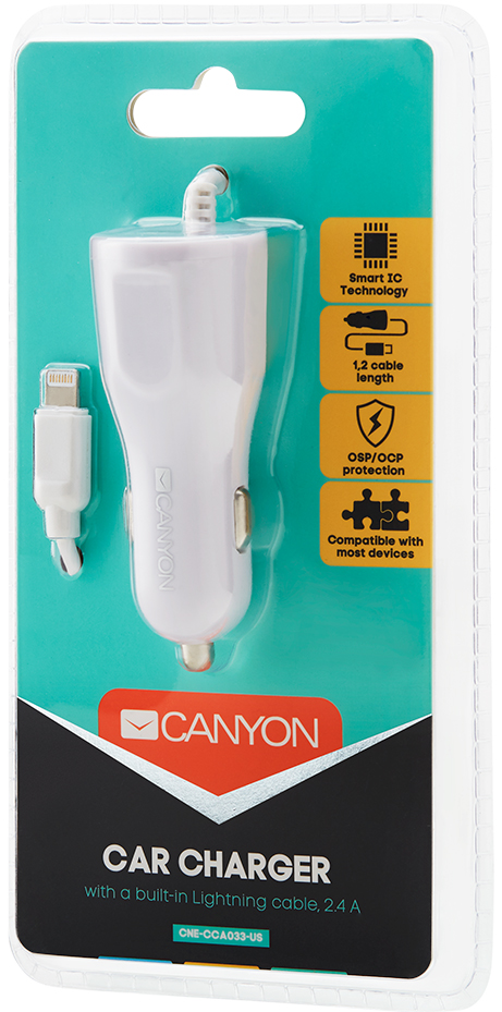 Автомобільний зарядний пристрій CANYON C-03 Lightning 2.4A C-033 White (CNE-CCA033W) · 4