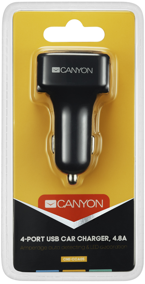Автомобільний зарядний пристрій CANYON C-05 4xUSB 4.8A Black/Orange (CNE-CCA05B) · 4