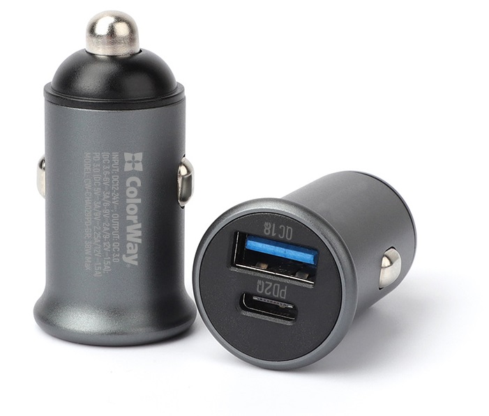 Автомобільний зарядний пристрій Colorway 2USB Type-C PD20W + USB QC3.0 (CW-CHA029PD-GR) · 3