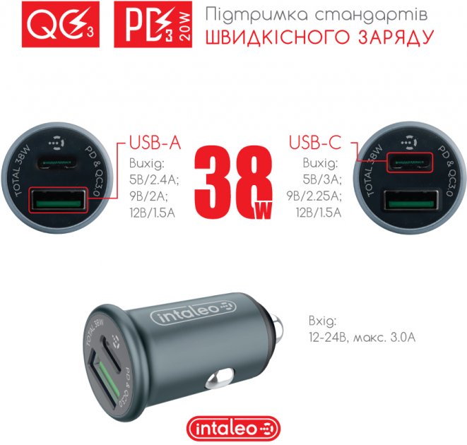 Автомобільний зарядний пристрій Intaleo CCGQPD238 Сірий (1283126509971) · 6