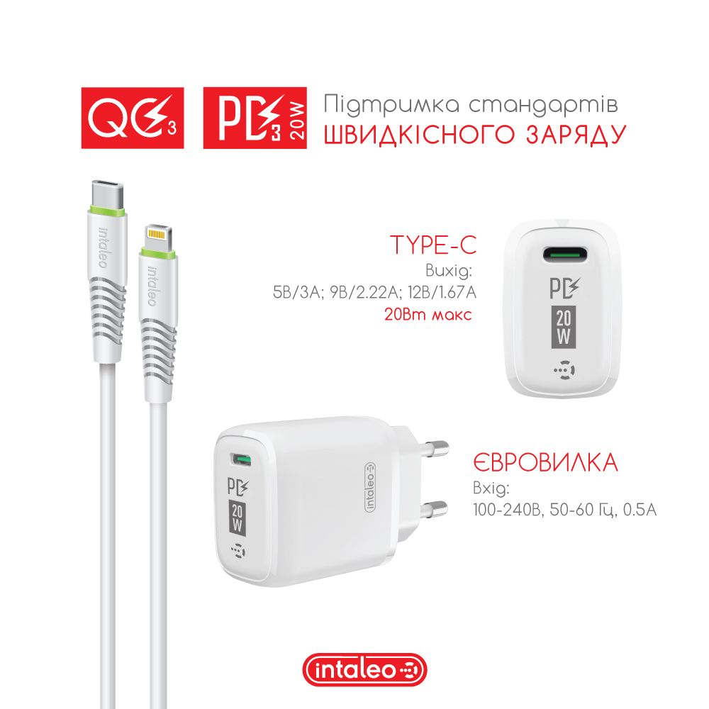 Мережевий зарядний пристрій Intaleo TCGQPD120L (білий) (1283126510007) · 4