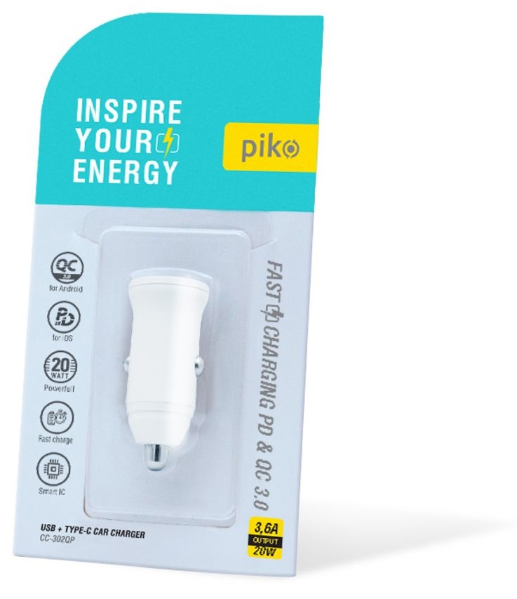 Автомобільний зарядний пристрій Piko CC-302QP (2USB A+C/20W) Білий (1283126509896) · 5