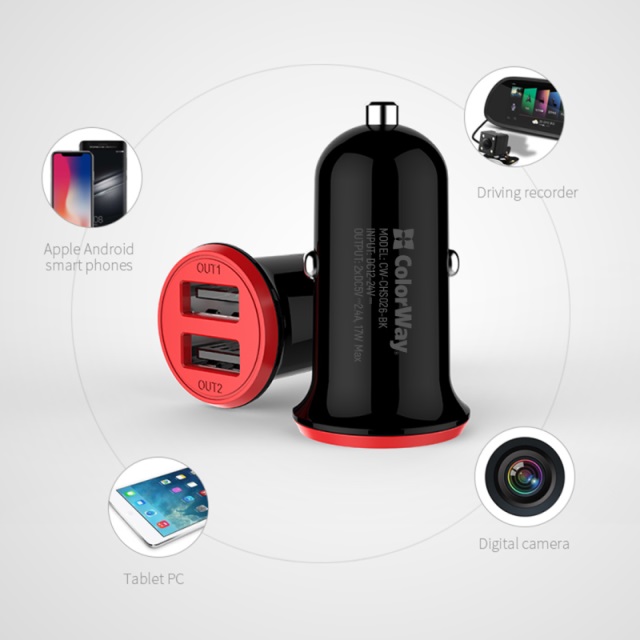 Автомобільний зарядний пристрій Colorway 2USB AUTO ID 3.4A (17W) red/b (CW-CHA026-BK) · 5