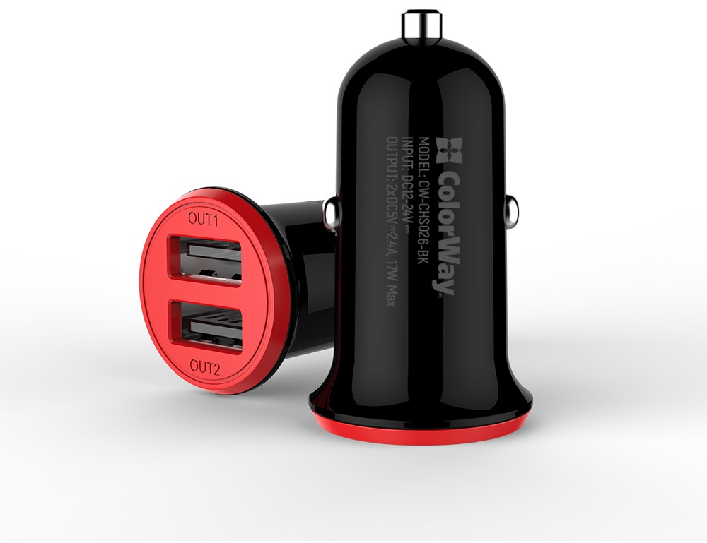 Автомобільний зарядний пристрій Colorway 2USB AUTO ID 3.4A (17W) red/b (CW-CHA026-BK) · 3