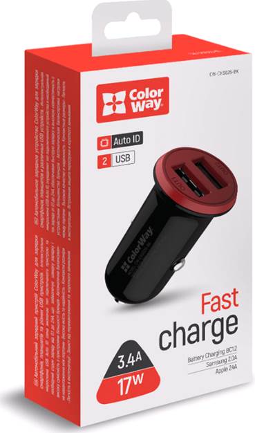 Автомобільний зарядний пристрій Colorway 2USB AUTO ID 3.4A (17W) red/b (CW-CHA026-BK) · 4