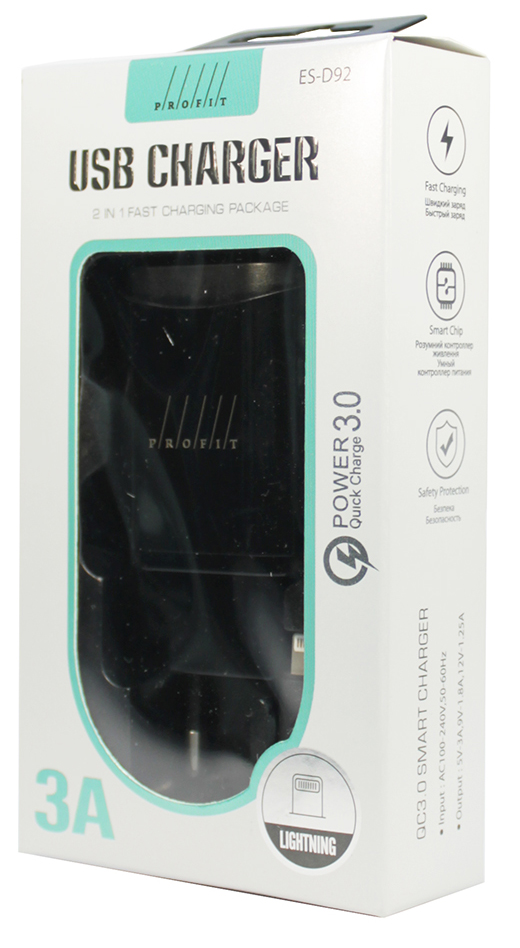 Зарядний пристрій PROFIT ES-D92 QC3.0 USBA+Lightning Black · 5