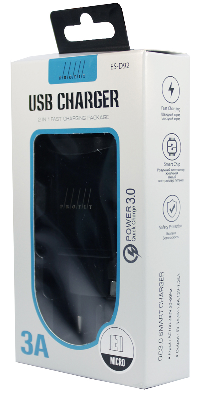 Зарядний пристрій PROFIT ES-D92 QC3.0 USBA+Micro USB Black · 4