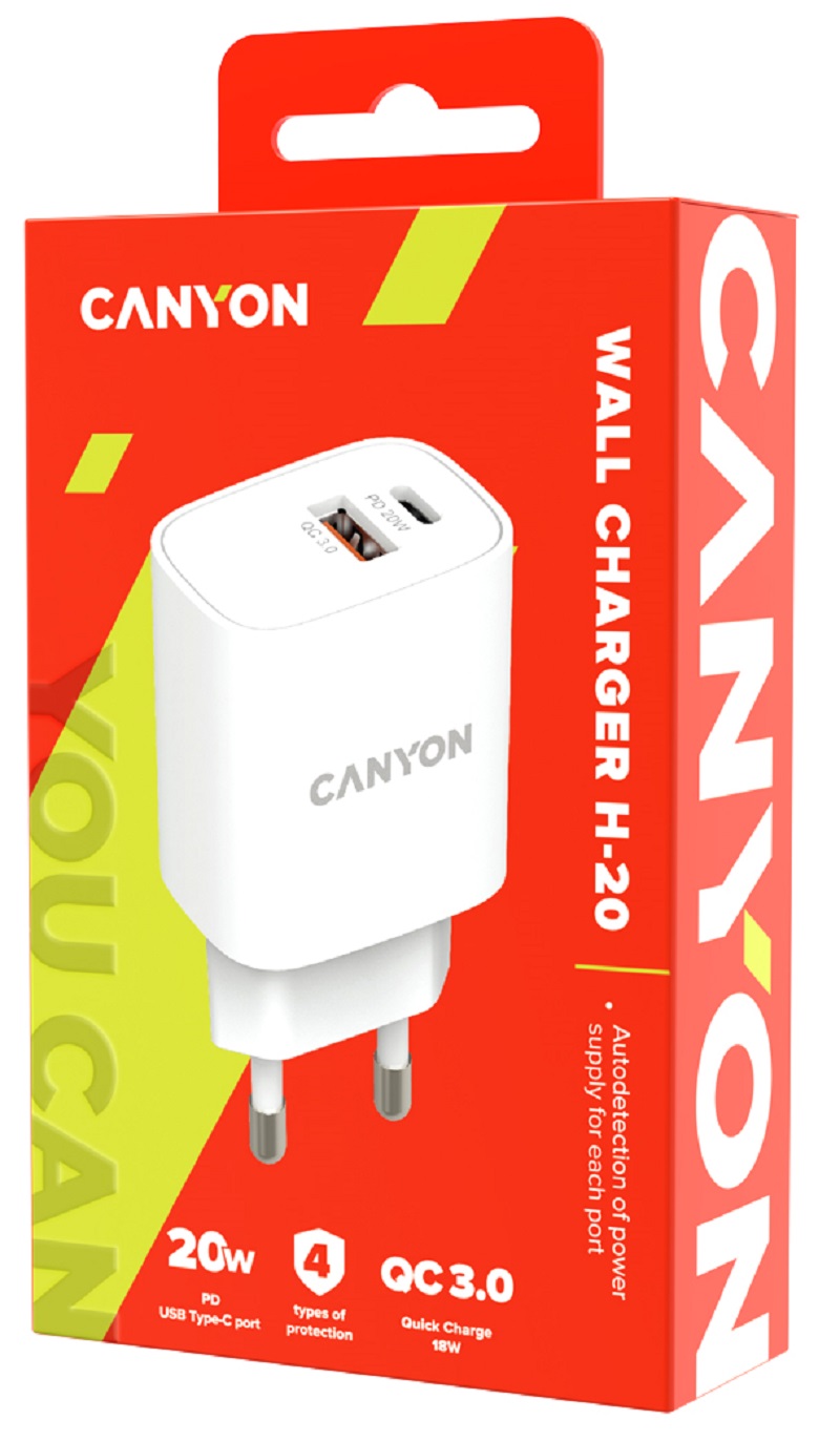 Мережевий зарядний пристрій CANYON H-20-04 PD QC 3.0 1xUSB-A 1xUSB-C 20W White (CNE-CHA20W04) · 3