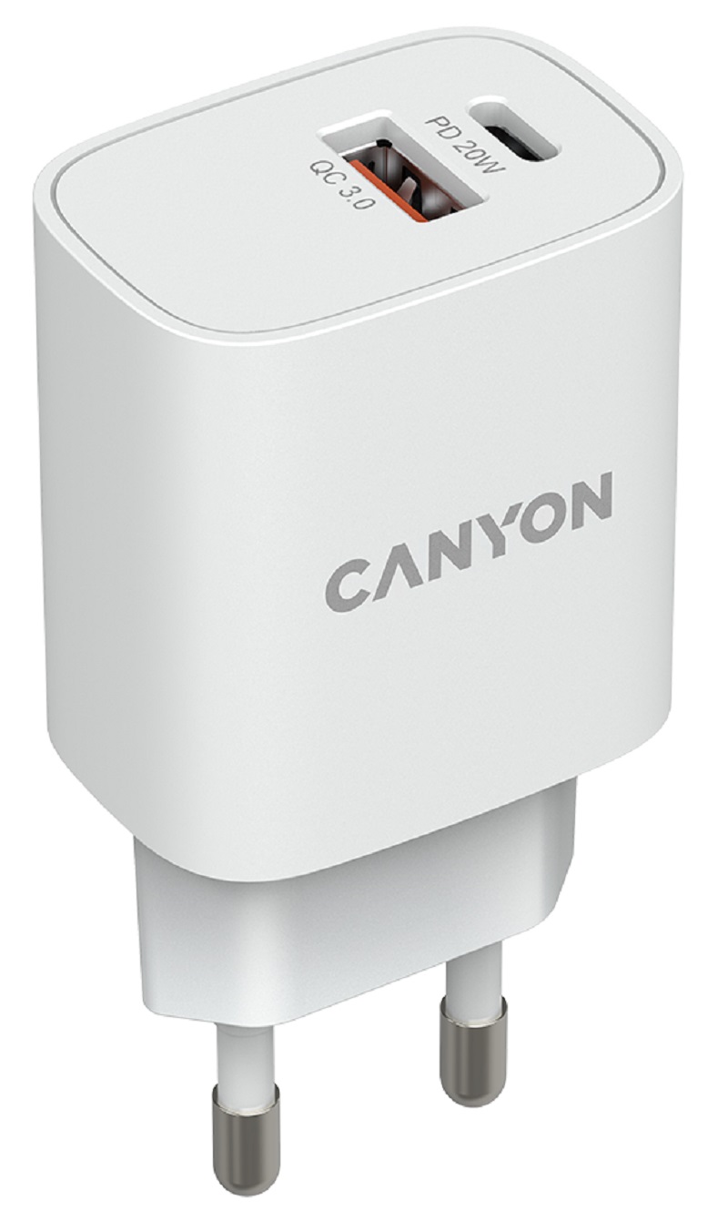 Мережевий зарядний пристрій CANYON H-20-04 PD QC 3.0 1xUSB-A 1xUSB-C 20W White (CNE-CHA20W04) в Києві