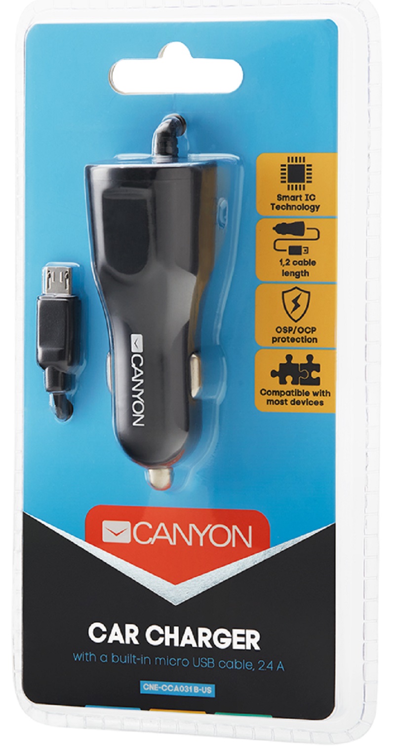 Автомобільний зарядний пристрій CANYON C-031/US Micro-USB 2.4A Black (CNE-CCA031B-US) · 2