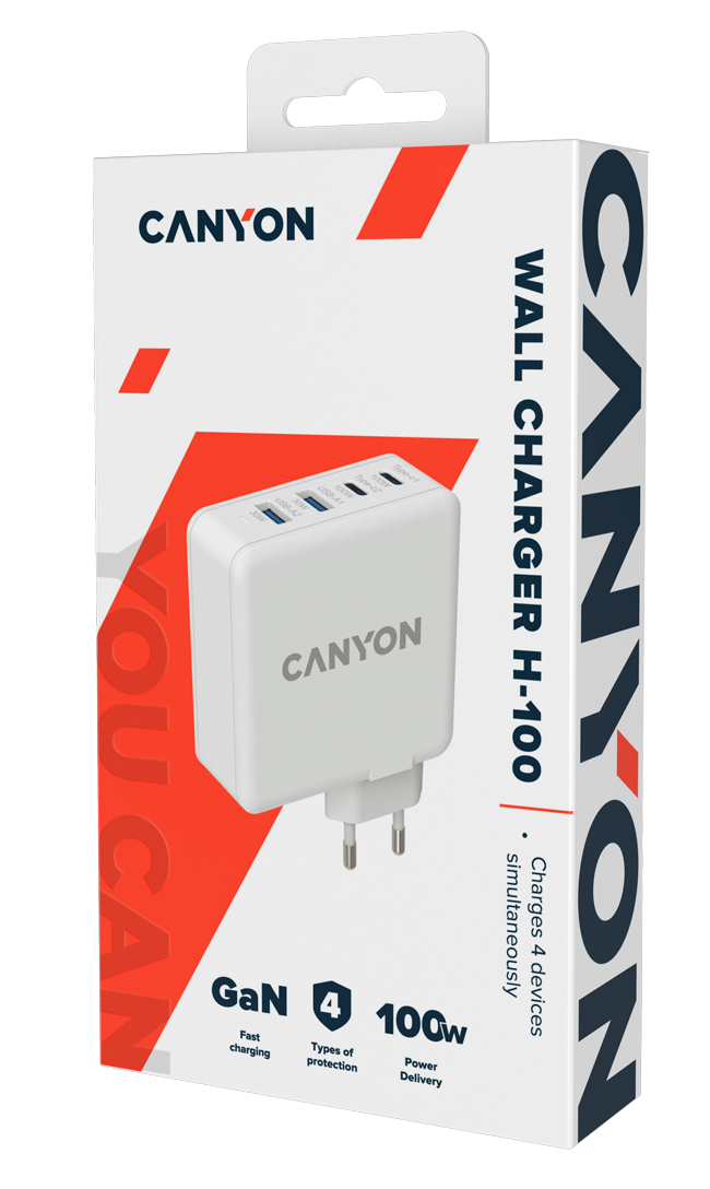 Мережевий зарядний пристрій CANYON H-100 GaN 2xUSB-A 2xUSB-C 5A White (CND-CHA100W01) · 3