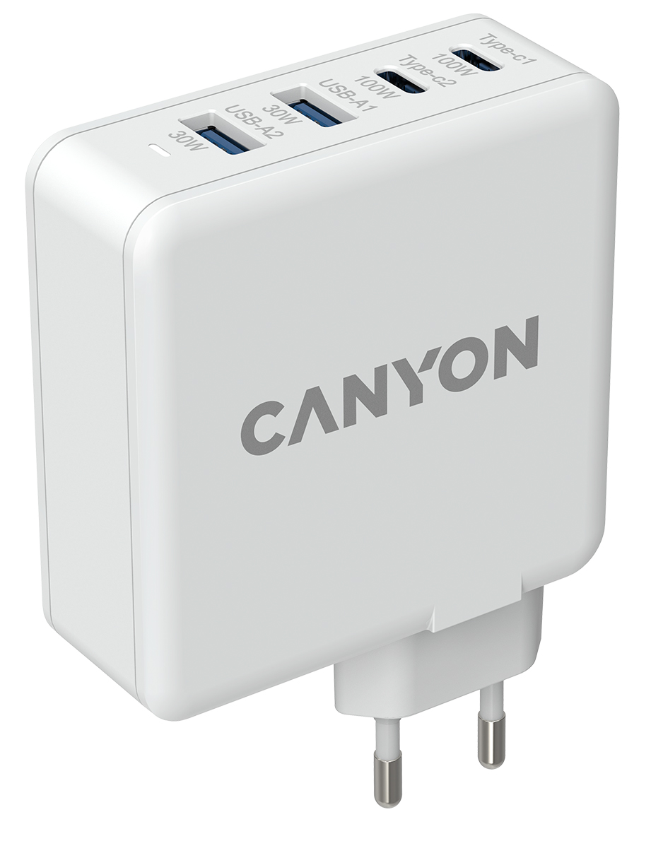 Мережевий зарядний пристрій CANYON H-100 GaN 2xUSB-A 2xUSB-C 5A White (CND-CHA100W01) в Києві