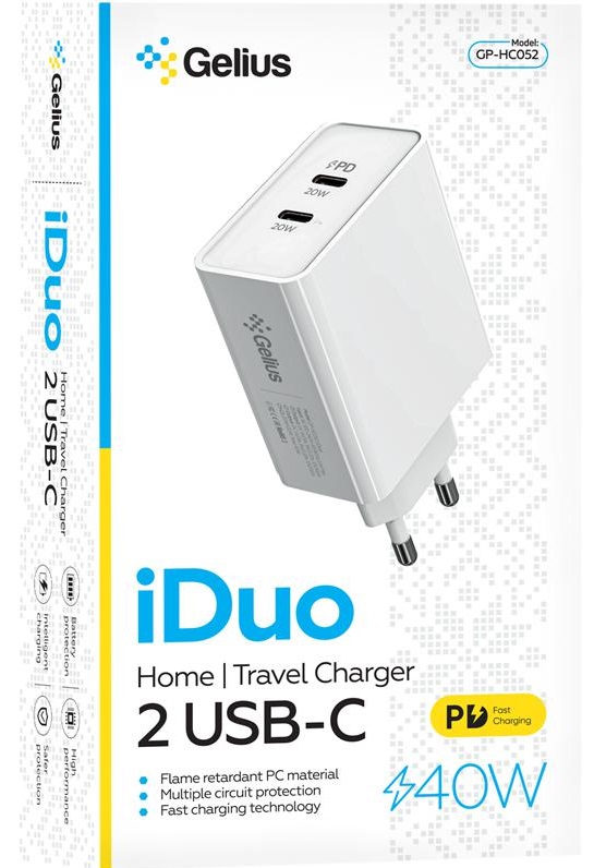 Мережевий зарядний пристрій GELIUS iDuo 40W GP-HC052 2 Type-C White (2x20W) (90588) · 2