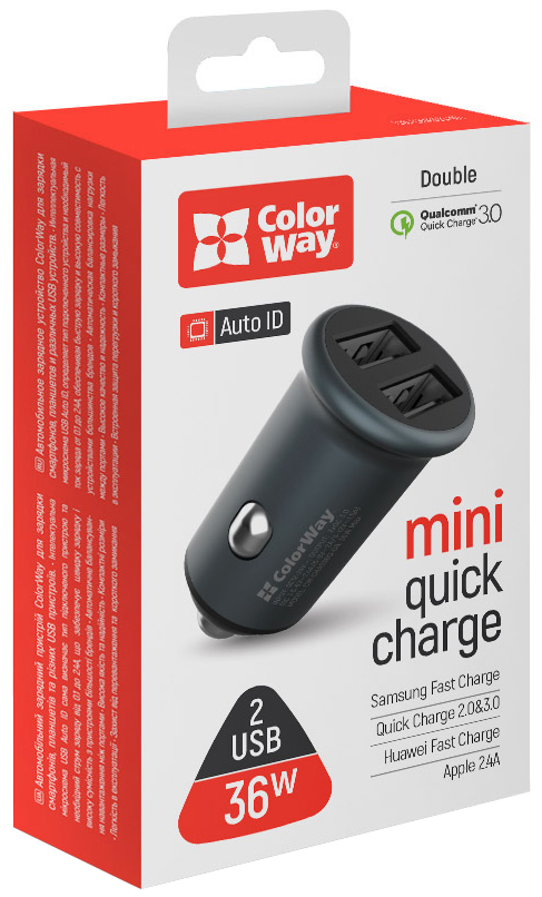 Автомобільний зарядний пристрій COLORWAY 2USB 36W Quick Charge 3.0 Gray (CW-CHA036Q-GR) · 6