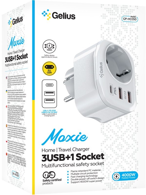 Мережевий зарядний пристрій GELIUS Moxie GP-HC050 2USB (QC3.0)+Type-C (PD20W) White (90472) · 5