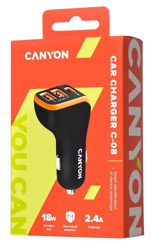 Автомобільний зарядний пристрій CANYON Universal 3xUSB Black/Orange (CNE-CCA08BO) · 3