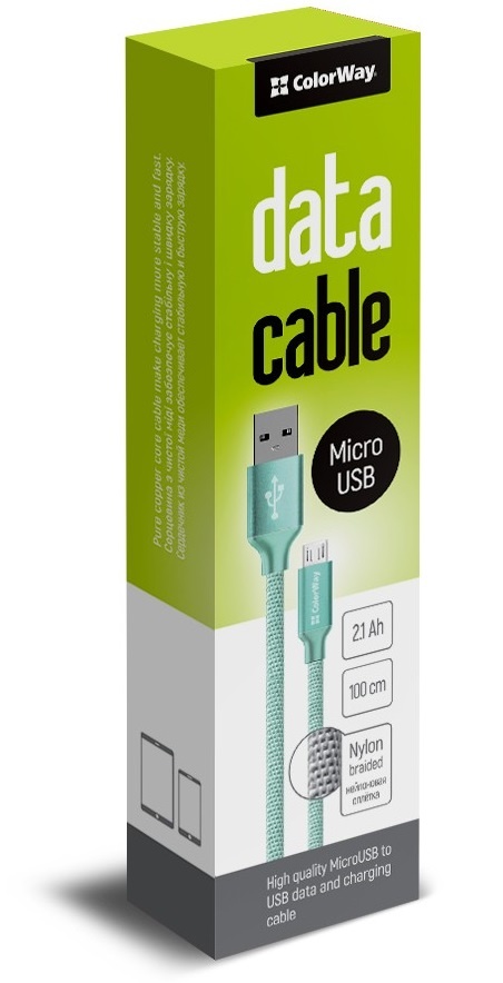 Кабель Colorway USB - МicroUSB 1м 2.1А Mint (CW-CBUM002-MT) · 2