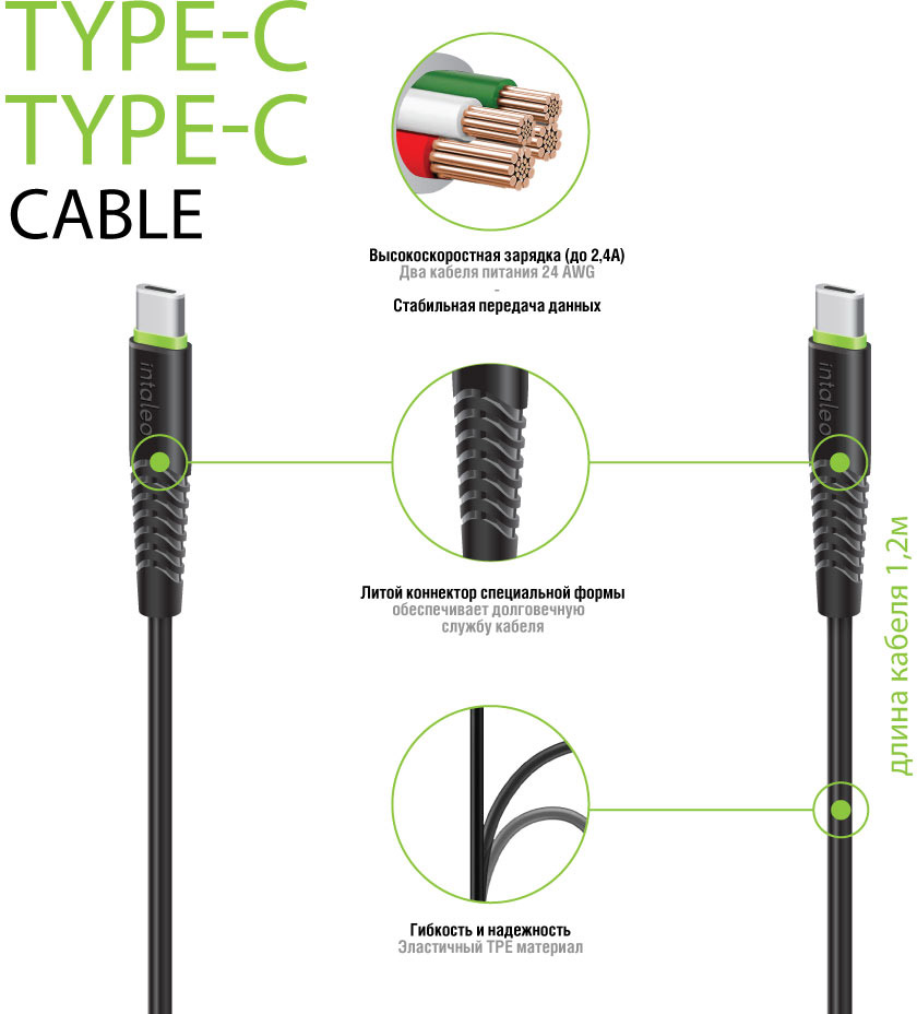 Кабель Intaleo CBFLEXTT1 Type-C to Type-C 1.2м 18W Чорний (1283126504082) · 2