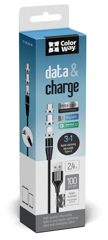 Кабель Colorway USB - 3в1 Magnetic Data/Quick Charge 2.4А 1м Чорний (CW-CBUU038-BK) · 5