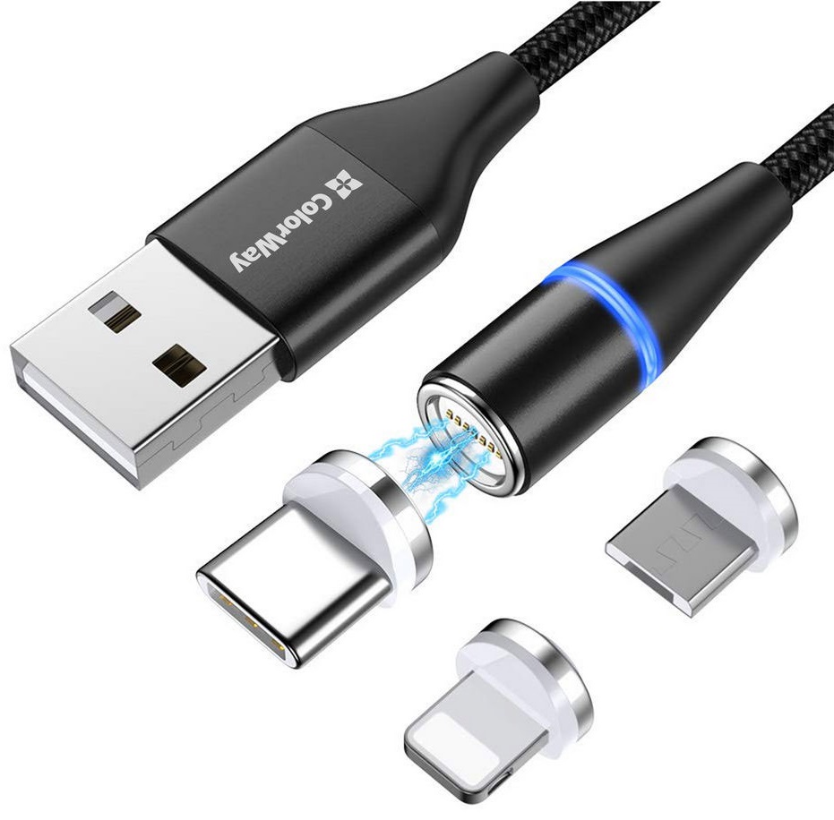 Кабель Colorway USB - 3в1 Magnetic Data/Quick Charge 2.4А 1м Чорний (CW-CBUU038-BK) · 3