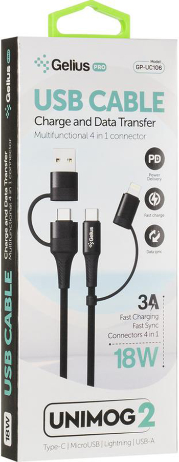 Кабель GELIUS Pro Unimog 2 GP-UC106 4in1 (PD) USB-A/USB-C/Lightning/MicroUSB Black (82666) · 3