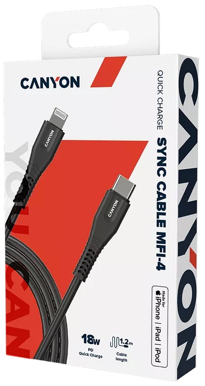 Кабель CANYON MFI-4 Type-C/Lightning 1.2 м 18W Black (CNS-MFIC4B) · 3