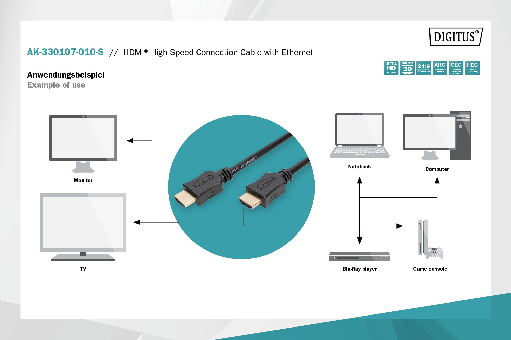 Кабель DIGITUS HDMI UHD 4K w/Ethernet type A 3 м (AK-330107-030-S) · 4