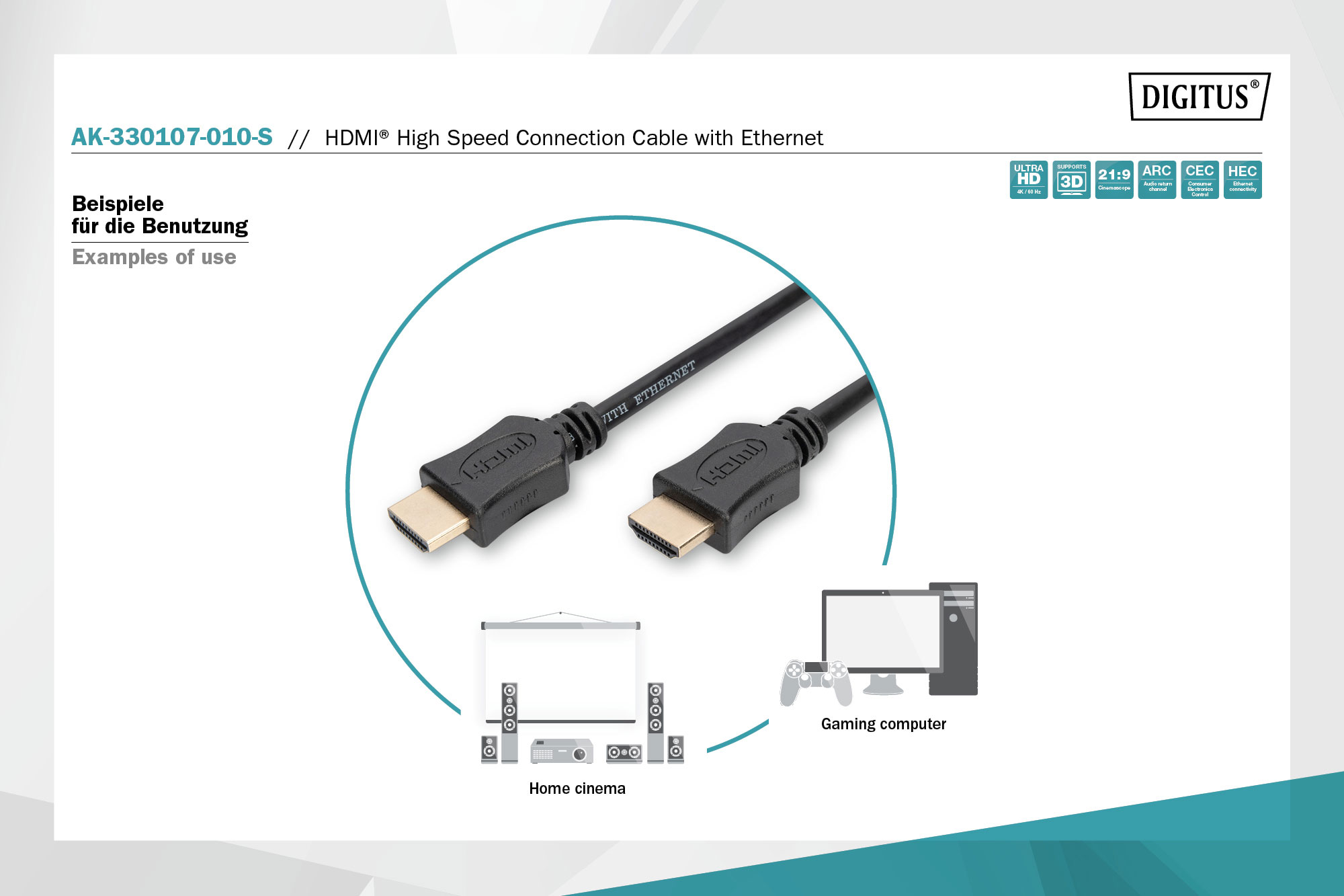 Кабель DIGITUS HDMI UHD 4K w/Ethernet type A 3 м (AK-330107-030-S) · 6