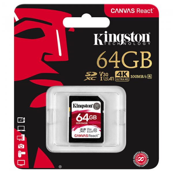 

Карта памяти KINGSTON SDXC Canvas React 64GB UHS-I U3 V30 A1 Class 10 (SDR/64GB)