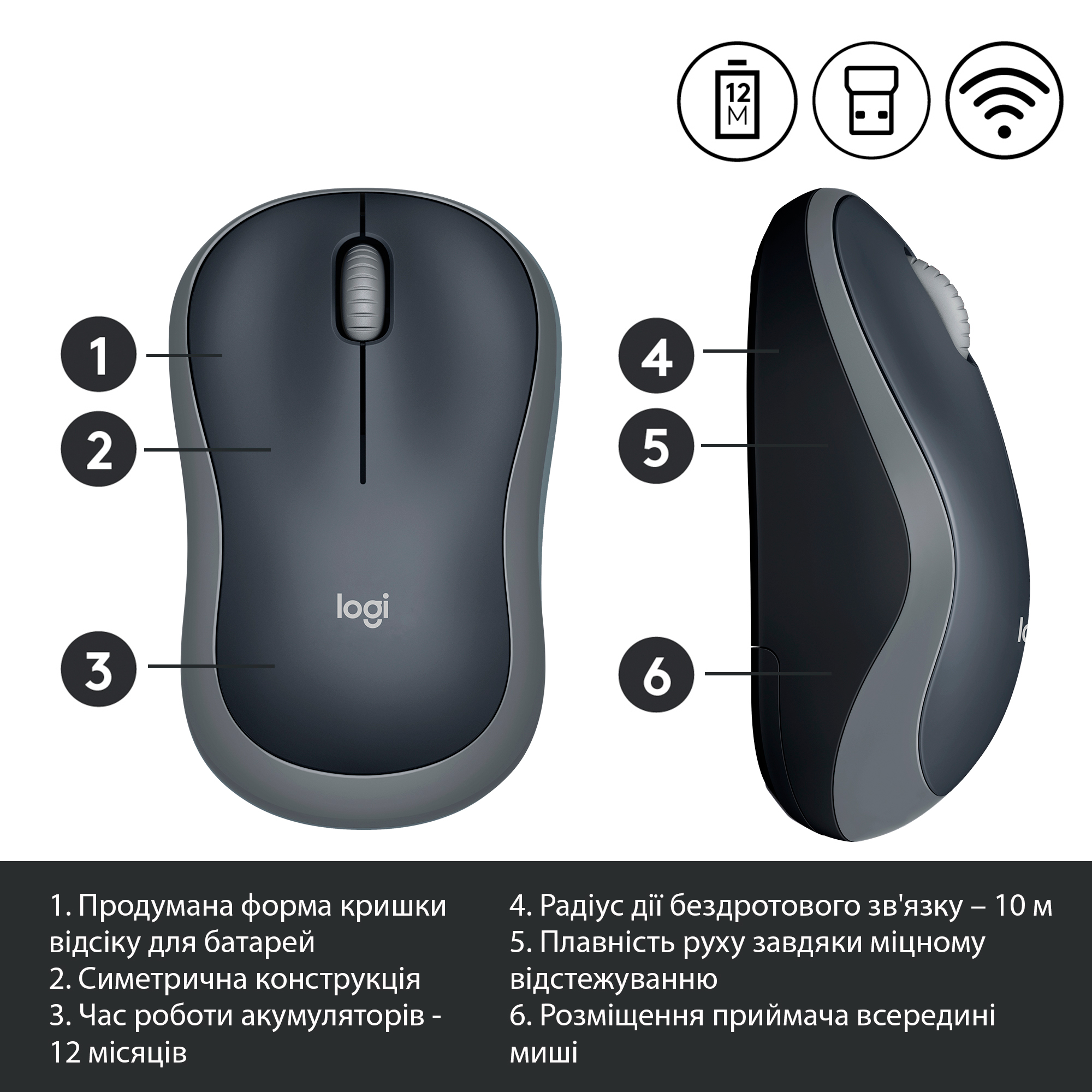 Миша LOGITECH М185 Wireless Grey (910-002238) · 4