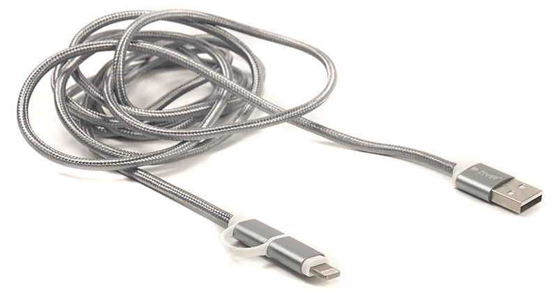 Кабель POWERPLANT Quick Charge 2A 2-в-1 cotton USB 2.0 AM – Lightning/Micro 2м grey (CA910496) в Києві