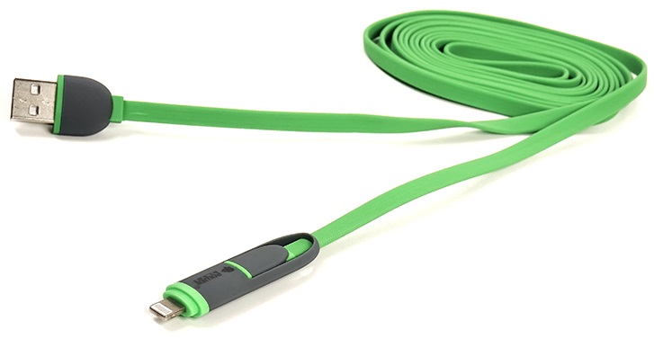 Кабель POWERPLANT Quick Charge 2A 2-в-1 flat USB 2.0 AM – Lightning/Micro 2м green (CA910502) в Киеве