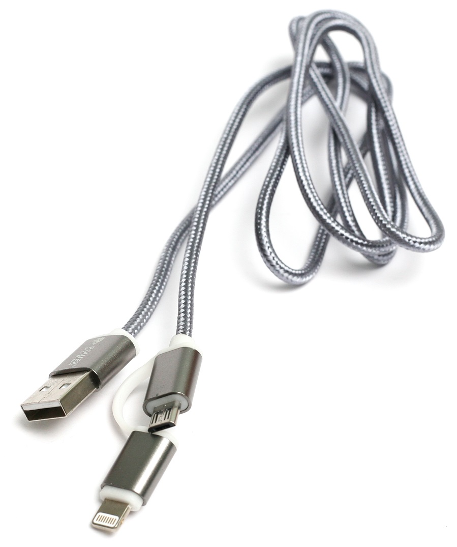 Кабель POWERPLANT Quick Charge 2A 2-в-1 cotton USB 2.0 AM – Lightning/Micro 1м grey (KD00AS1289) в Києві