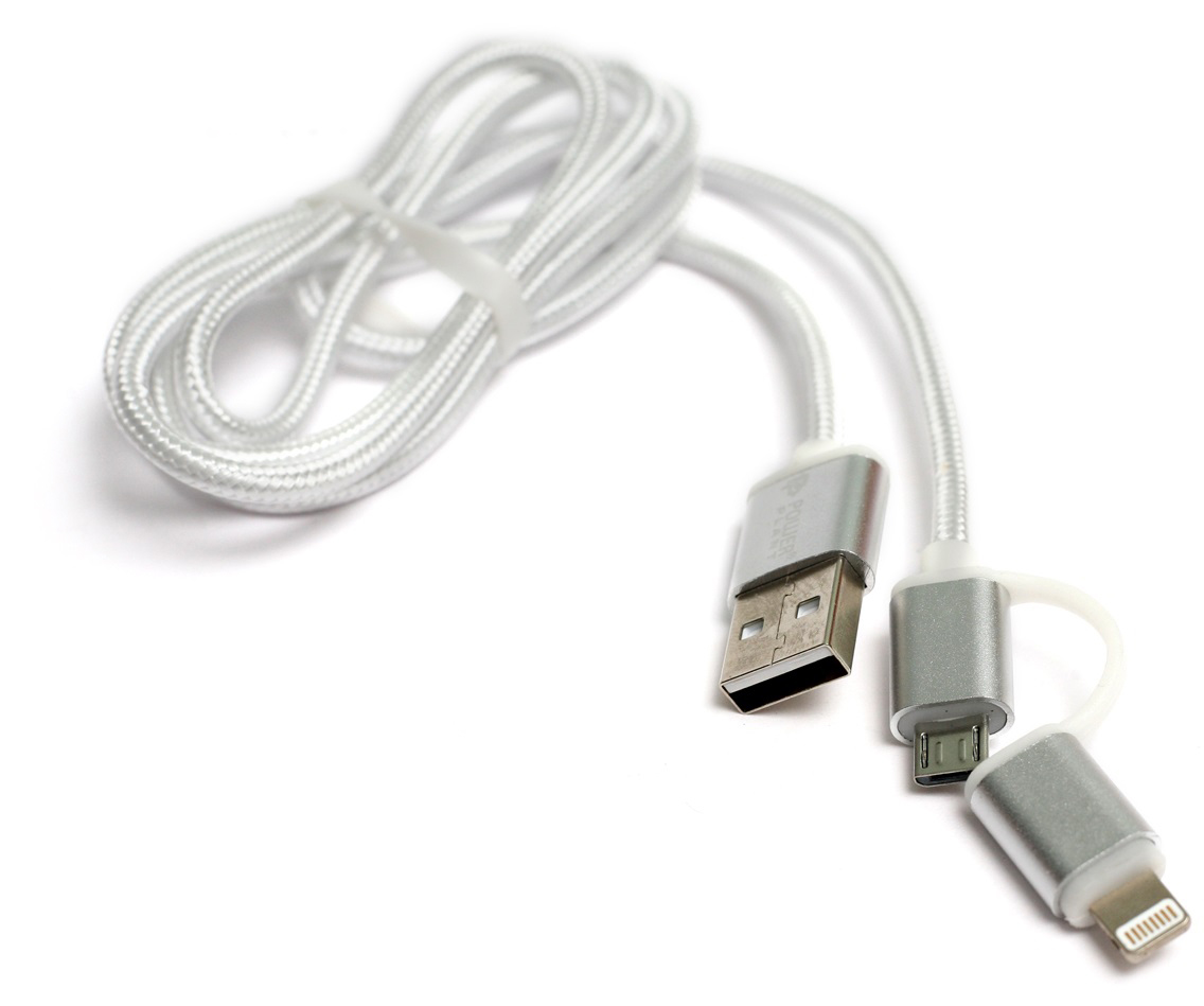 Кабель POWERPLANT Quick Charge 2A 2-в-1 cotton USB 2.0 AM – Lightning/Micro 1м silver (KD00AS1290) в Києві