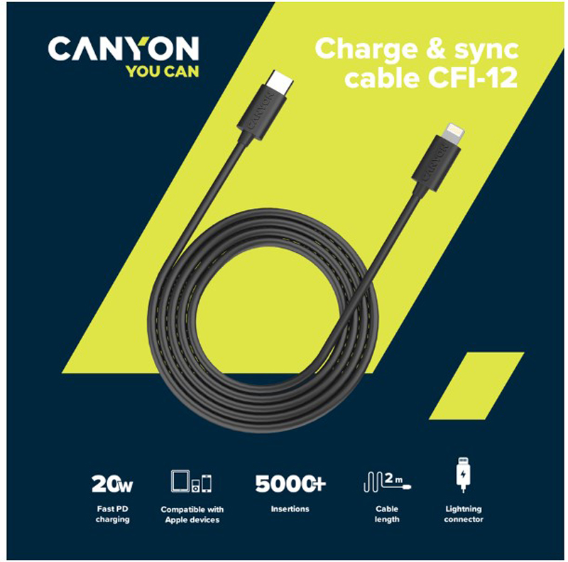 Кабель CANYON CFI-12 USB-C - Lightning 2 м Black (CNE-CFI12B) · 3